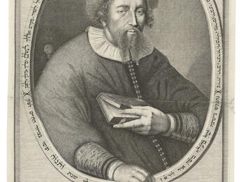 Portrait of R. Aryeh Judah Leib ben David Calischer Print portrait of man holding book and framed by Hebrew text in a circle and Hebrew text below.