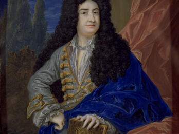 Portrait of Don Francisco (Abraham Israel) Lopes Suasso Portrait painting of man wearing long wig, facing viewer, and holding book in left hand, and cloak draped over left arm.