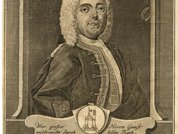 Portrait print of man in curly wig and jacket with German caption and small drawing of gallows below portrait.