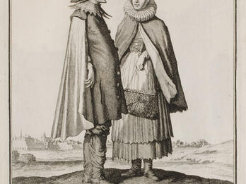 Print of man in cloak, hat, lace collar, and high boots, and woman dressed in cloak, winged bonnet, ruff collar, full skirt, and bodice, holding a large purse, with city landscape in the background.