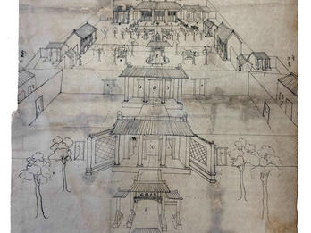 Manuscript page with drawing of building complex with inner courtyards.