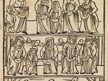 Pre-Yom Kippur Customs Print image of two rows of people in front of river with fish in it.