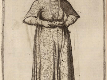 Illustration of woman standing and wearing decorated dress and hat. 