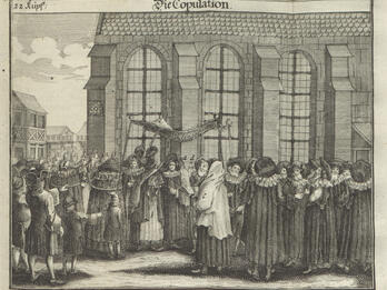 Marriage Ceremony Print engraving of crowd of people outside of building gathered around couple under wedding canopy.