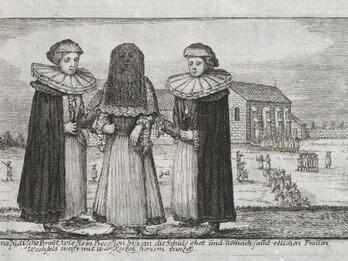 Jewish Bride in Fürth Print engraving of woman in veil flanked by two other women, standing before a stone building.