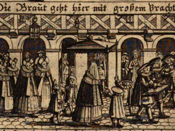 Wedding Procession Print engraving of people outdoors around wedding canopy, outside of building.
