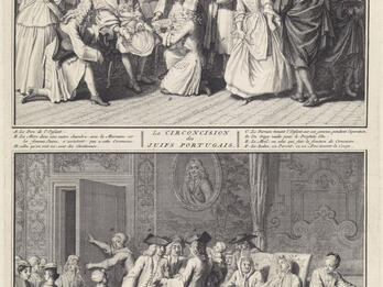 Circumcision Ceremony Print of two scenes, both with French text below: the top of baby on man's lap surrounded by people with bed in background, the bottom showing many people in ornate room with baby crib.