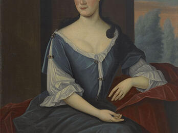 Portrait of Abigaill Franks (1696–1756). Portrait painting of woman in dress sitting with her hands in lap.