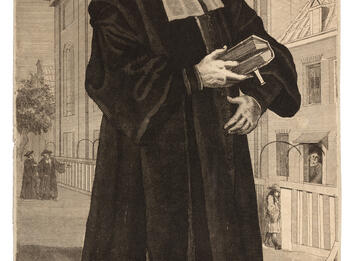 Portrait of Yeḥiel Mikhel ben Nathan of Lublin Print of full-body portrait of man in hat and robes holding book with large building in background, and Hebrew writing beneath portrait.