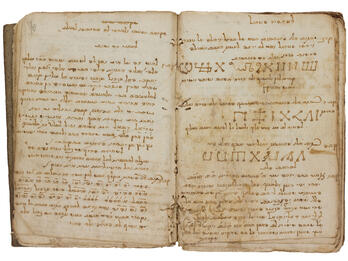 Compilation of Folk Remedies and Amulets Facing-page manuscript with Hebrew text and letter formations.