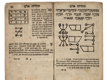 Facing-page Hebrew manuscript with charts with Hebrew letters on left side, and geometric drawings on right side. 