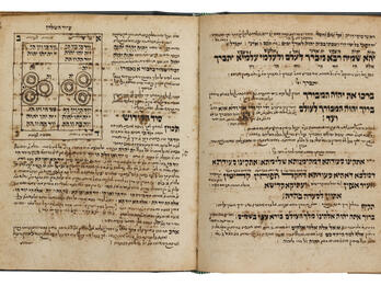 Facing-page manuscript with Hebrew text and small geometric shape with rectangle and small concentric circles on left-hand page.