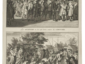 Funeral Activities Print of two scenes, both with French text below: the top showing men in large room walking in circle with books, the bottom showing men shoveling dirt onto grave.