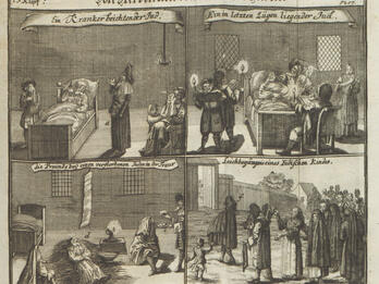Print of four scenes in quadrants with German headings on each: top left is sick man in bed, top right is sick man in bed surrounded by people with candles and books, bottom left is sick man lying on the floor, and bottom right is procession through city walls.  