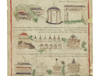 Tombs in the Holy Land Manuscript with illustrations of tombs and Hebrew text.