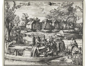 Jewish Funeral in Ouderkerk Print engraving of people on boat docking at a graveyard and lifting out a tomb.