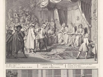 Two-panel drawing, the top of many people in interior room, some seated on right side under canopy, and the bottom of many people outside with a central figure with veil. 