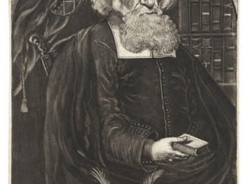Portrait of Isaac Aboab da Fonseca Print portrait of man in skullcap and beard, in front of bookshelf and holding open book in his hand, with crown and Hebrew text underneath.