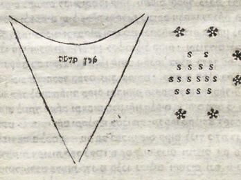 Printed page with upside-down triangle featuring two Hebrew words on left, and floral pattern with the letter S in a pattern on right.
