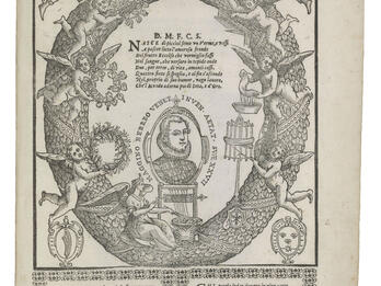 Printed page of Latin text, with portrait of man in center, surrounded by wreath with cherubs, and Latin text in decorative frame below.