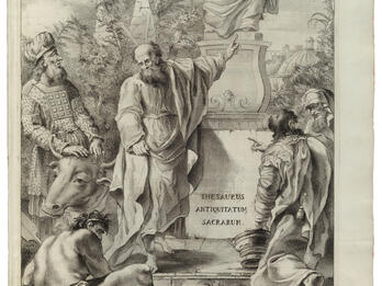 Thesaurus Antiquitatum Sacrarum I Printed page with male figures in various poses with one pointing to a sculpture in the background of seated figure on pedestal with Latin text on it.
