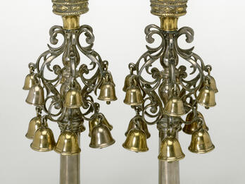 Torah Finials Pair of finials with crowns of bells on branches.