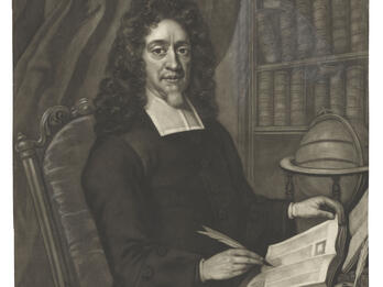 Portrait of David Nieto Portrait of a bearded man seated at desk wearing a wig and collar, holding a quill in his right hand and turning the page of book with his left hand, with bookshelf in background and globe and inkwell on desk.