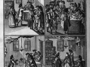 Print of four panels of people talking in interior spaces.