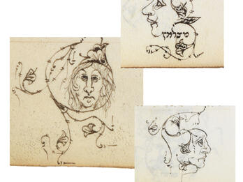 Faces decorating a siddur Three drawings of faces with floral designs.