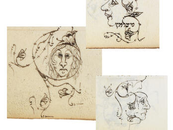 Three drawings of faces with floral designs.