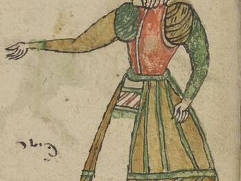 Drawing of woman in profile wearing dress and hat and Hebrew writing on her left.