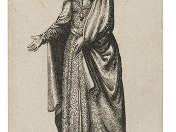 Print of standing woman wearing long shawl and dress. 