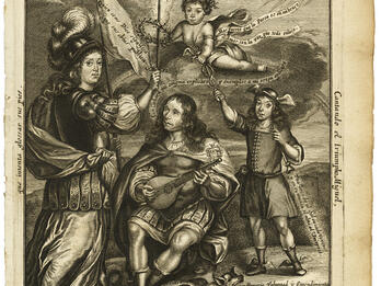 Print portrait of seated figure with a dragon under his feet and an angel above him, next to an armed figure standing and holding a flag, and a boy pointing to the angel, with Spanish text around the edge and in several places in the scene. 