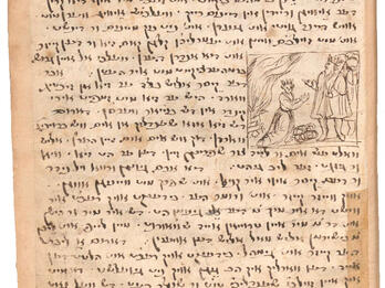 Collection of Yiddish Stories from Southern Germany Manuscript page with Yiddish text and a small drawing in the middle of the right side depicting a queen kneeling before a king, a burning fire behind her, and two infants on the ground before her.