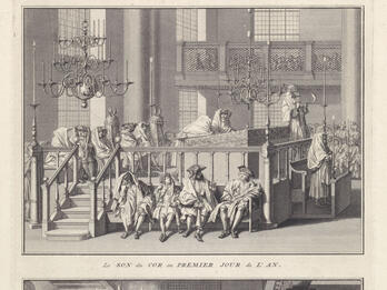The High Holidays Print depicting two scenes with French text under frames: top shows men in prayer shawls sitting while one man on central platform sounds a ram's horn. Bottom image shows men in prayer shawls sitting and standing in room with several lit candles.
