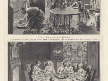 Top: Searching for Hametz; Bottom: Passover Seder Among Sephardic Jews Print depicting two scenes with French text under frames: top shows women and girls in kitchen looking through cupboards and cleaning the table. Bottom shows eight individuals around a dining table in ornate room with lit fire in fireplace.