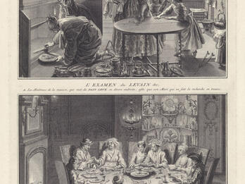 Print depicting two scenes with French text under frames: top shows women and girls in kitchen looking through cupboards and cleaning the table. Bottom shows eight individuals around a dining table in ornate room with lit fire in fireplace. 