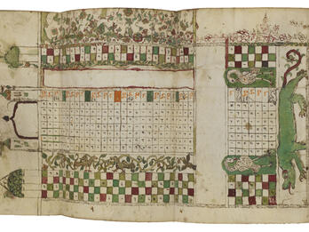Manuscript calendar page with Hebrew letters in squares, decorated with illustrations of birds and flowers, with castle at the top and dragon at the bottom. 