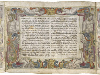 Manuscript scroll page with Hebrew text and decorated border with illustrations of cherubs, faces, animals, ribbons, and flowers. 