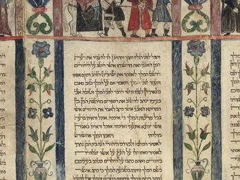 Manuscript scroll page of Hebrew text with illustrated figures, one on horseback, on top. 