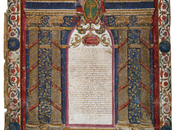 Ketubah (Rome) Page of Aramaic text framed by drawing of four columns and gateway with two cornucopias on top, decorated with flowers and vines throughout.
