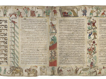 Scroll manuscript page with Hebrew text in four columns, with illustrations on top of figures seated talking to each other, working by a tree, and walking; the middle sections feature ladders and people working on trees; the bottom features elephants and rhinoceroses. 