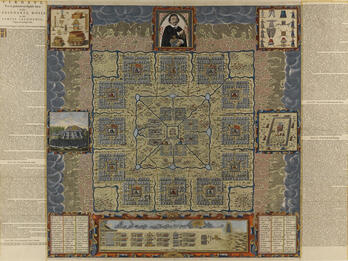 Broadsheet with Dutch text on left and right margins, with large illustrated map in the middle of many squares and lines. Around the map are five images in squares: a man in hat and moustache, layers of priestly garments, a smaller map, rectangular building, and items of worship such as a candelabrum. 