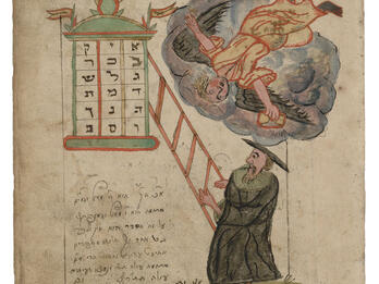 Manuscript page with illustration of man on a ladder and angel above him, with Hebrew text beneath. 