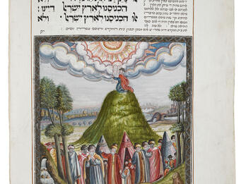 Manuscript page of Hebrew text above illustration of man on mountain with crowd of people and tents below.