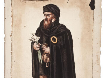 Jewish Men’s and Women’s Clothing in Worms (Tracht der Juden zu Worms) Illustration of man in hat carrying money bag and garlic and wearing badge, with German text across top.