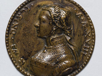 Medal of Doña Gracia the Younger Medal of woman in profile with Hebrew and Latin text around perimeter.