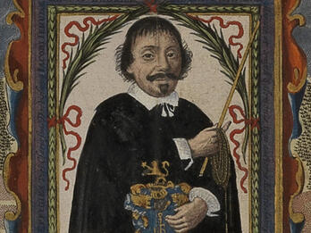 Portrait painting of man in moustache and collar, holding rod, rope, and ornate book, facing viewer, framed in decorative border. 