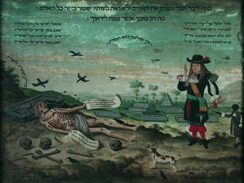 Painting with Hebrew and Portuguese text throughout, and depiction of man in graveyard accompanied by servant seeing decaying corpse being picked apart by crows. 
