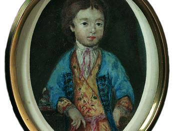 Portrait of Abraham da Costa Portrait painting in circular frame of boy leaning to one side and facing viewer.